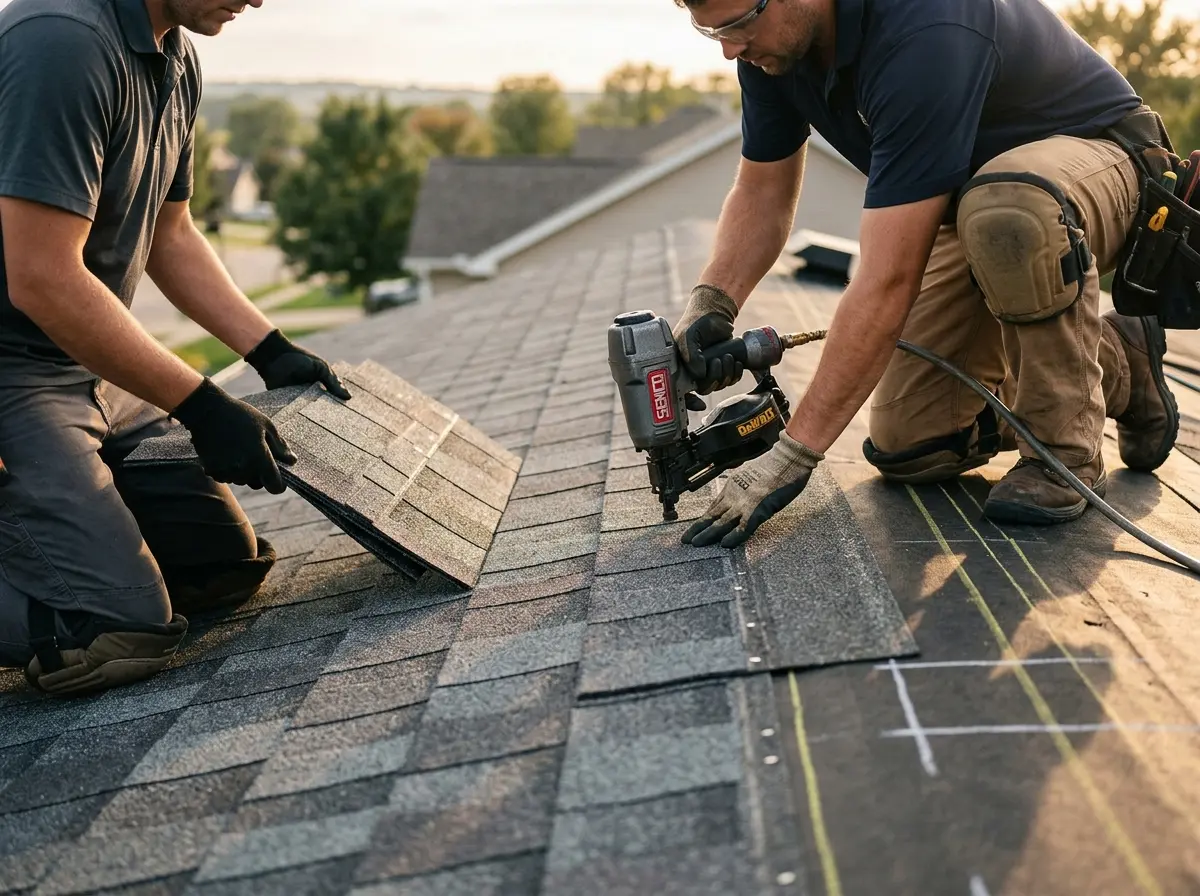 Professional roofer working on a residential roof in Natick
